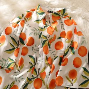 Camisa laranja fofa frutas pêssegos camisas estampadas soltas meia manga blusa de verão engraçado havaí tops oversized masculino hip hop casaco casual