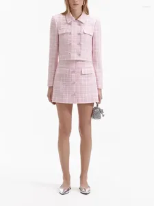 Women's Jackets Pink Plaid Weave Tweed Set Rhinestone Buttons Double Breasted Long Sleeve Short Coat Or A-line Mini Skirt Suit