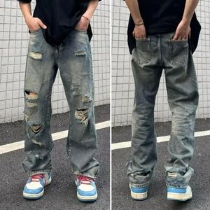 Men's Jeans Distressed Washed Wide Leg With Ripped Holes Multi Pockets For Hip Hop Streetwear Casual Style Full