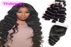 Mongolskie przedłużanie Virgin Hair Lose Fala 4 Wiązki z koronkowymi końcami 4x4 Kontrola włosów Biełki Naturalny kolor 1028 cali 5426163