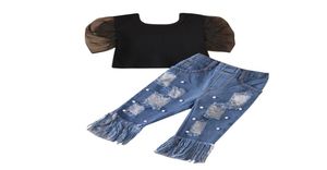 Groof -Whole Girl Black Tee Bear Jeans Tracksuit Salting Sets 2pcs مجموعة Tophole Tassel Pant Girls Outfits الأطفال المصممين 4327982