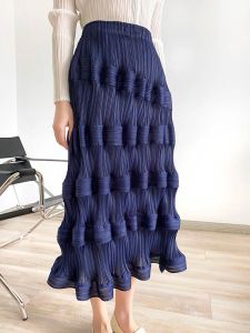 ドレスミヤケプリーツユニークな大きな波ハイウエストエレガントな韓国のファッションプリーツスカートロングスカート女性デザイナー美的服