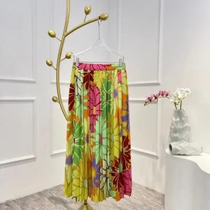 スカートの花印刷ハイウエストプリーツルーチドミディスカート2024夏秋の最新の最高品質のビーチスタイルの女性服