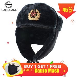 Sovjetisk armé militärmärke Ryssland Ushanka Bomber Hats Pilot Trapper Trooper Hat Winter Faux Rabbit pälar Earflap Men Snow Caps D1901265N