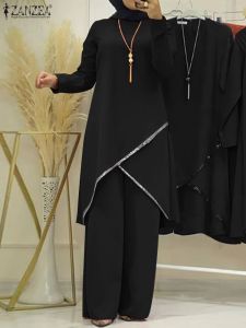 Set Zanzea Women Loose Matching Sets Muslim Long Sleeve Blue Abaya Suits paljetter Islamiska kläder 2st Fashion Urban Tracksuit