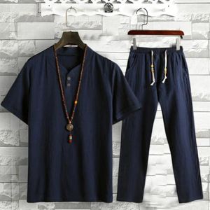 Fatos masculinos 1 conjunto homens roupa elegante estilo chinês mid rise simples top calças relaxadas apto para férias