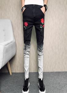 Ripped Hole Jeans Denim Pants Flower Embroidery Hip Hop Pants Casual Slim Fit Two Tone Men Fashion Trousers3954845