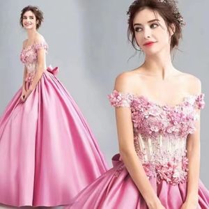 2024 rosa 3D flores vestidos de casamento ilusão completa renda apliques espartilho pérolas frisadas cristal beading fora do ombro vestido de baile formal cetim luxo vestidos de noiva
