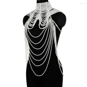 Neck Ties 449B Women Multi Layered Simulated Pearl Bib Necklace Collar Beaded Tassel Faux Leather Shoulder Chain Bra Top Body Jewe277P