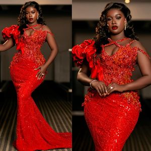 African Plus Size Aso Ebi Prom Dresses for Black Women Evening Dresses Mermaid Beaded Lace Rhinestones Beaded Formal Gala Gowns for Birthday Special Occasions AM457