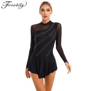 Klänningar Figur Skating Jumpsuit Womens Glitter Rhinestone Sheer Mesh Splice Long Sleeve Gymnastics Leotard Ballet Dress Dancing Bodysuit