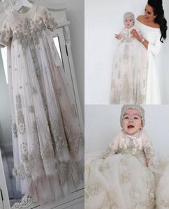 Blush Pink Crystal Christening Gowns For Baby Girls Long Sleeves Lace Appliqued Baptism Dresses With Bonnet First Communication Dr1005649