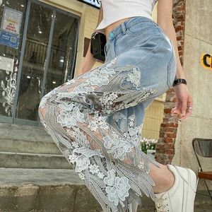 Women's Jeans Jeans For Woman And Capris Leg With Rhines Transparent Lace Grunge Y2k Spring Vintage Trousers 240304