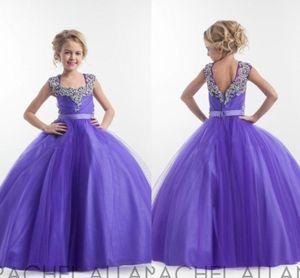 Purple Flower Girl Dresses Square Neckline Sparkly Crystals Beaded Tulle Floor Length Open Back Birthday Party Dress Pagent Dress 7001155