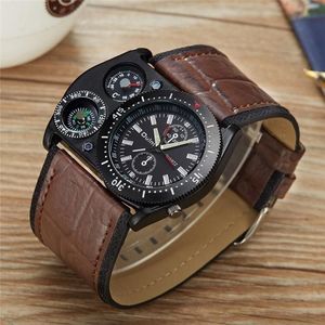 Relógios de pulso Oulm Sport Relógios de Pulso Homens Quartz Relógio Militar Amplo PU Couro Decorativo Bússola Masculino Relógio de Pulso Erkek Kol Saati240d