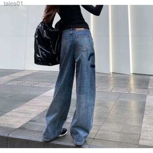 Kvinnors jeans jeans hög midja designer rakt genom breda benbyxor visar tunna byxor storlek s-l- 240304