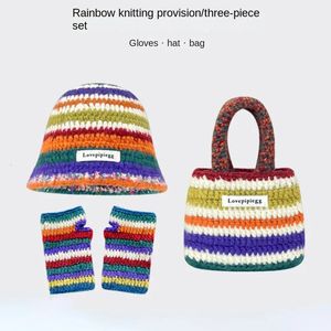 Rainbow Striped Knitted Bucket Hats for Women Autumn Winter Warm Panama Y2K Beanies Set with Gloves Bag Designer Cute Funny Hat 240227