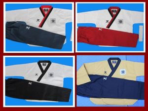 Promotianal JCALICU taekwondo uniformes de treinamento Golas vermelhas e pretas calças pretas vermelhas azuis para escolha Jcalicu TKD prática c9293163