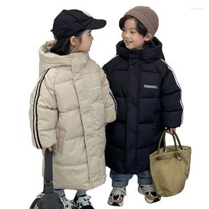 Casaco para baixo inverno meninos meninas mais veludo jaqueta com capuz quente de 2-9 anos de idade coreana espessando 2024 moda para crianças roupas infantis