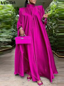 Dresses Plus Size Women Dress 5XL VONDA 2023 Stand Collar Elegant Satin Dress Long Bat Sleeve Evening Pleated Maxi Sundress Casual Robe