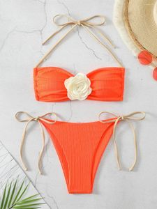 Women's Swimwear Sexy 3D Floral Bikini Set 2024 Women Halter Push Up Padded Tie Side Thong Swimsuit Brazilian Orange Bathing Suit Micro