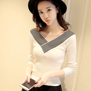 Pullovers 2022 Autumn brief paragraph vneck stripe offtheshoulder number female hedge render spring knit sweaters thin coat