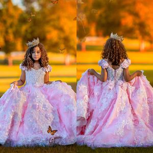 Puffy Flower Girls Dresses Pink 3D Flowers V Neck Short Sleeve Kids Teens Pageant Gowns Birthday Party Dress For Wedding Cooktail Gown
