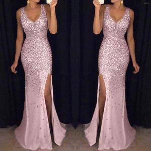 Casual Dresses Sexig Long Glitter -paljetter Rose Gold Party Dress for Women Elegant Ball Evening Gown Bridesmaid Sequin Prom V Neck