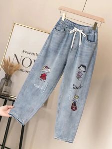 Jeans Zoki rippade hög midja mamma jeans plus storlek denim byxor för kvinnor vintage broderi elastisk midja ankel längdbyxor baggy