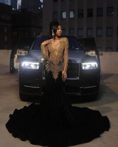 Black Veet Long Sleeve Trumpet Prom Dresses For African Women 2024 With Gold Crystal Beaded Sheer Mesh Birthday Gown Vestidos De Gala