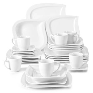 Ställer in Malacasa 30/60 Piece White Porcelain Dinner Set med koppar Saucers Dessert Soup Dinner Plates Tableware Service för 6/12