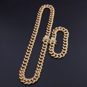 13 mm Miami Cuban Link łańcuch złoty srebrny naszyjnik Zestaw Bransoletka lodowa kryształowy dhinestone Bling Hip Hop dla men223Q