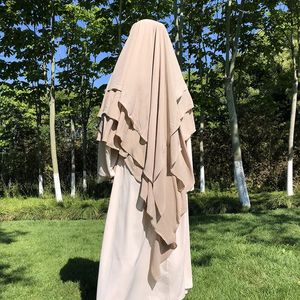 Tre lager Chiffon Khimar med Niqab Strings främre två lager Islamiska kläder Långt slips bakåtbön Instant Hijab 240229