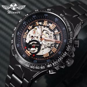 Vinnare Officiella Casual Mens Watches Top Automatic Mechanical Watch Men Skeleton Dial Steel Band Hip Hop Wristwatch265T