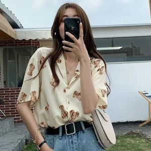 Camicia Top vintage in chiffon con stampa di orsi Bellissime camicette da donna Chic T-shirt a maniche corte Urban Loose Casual Summer Abbigliamento da donna