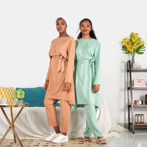 Roupas étnicas Musselina Tops Calças Conjuntos para Mulheres Soltas Mangas Compridas Dubai Médio Oriente África Vestido Conjunto Moda com Cinto Feminino