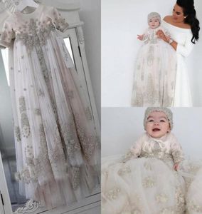 Blush Pink Crystal Christening Gowns For Baby Girls Long Sleeves Lace Appliqued Baptism Dresses With Bonnet First Communication Dr3310615