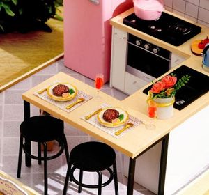 124 Wooden Dollhouse Miniatures DIY Kitchen Kit with Dust Cover LED Light LJ2011262340958