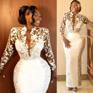 Elegant Lace Mermaid Wedding Dresses Sexy Sheer Long Sleeves Appliques African Bridal Gowns Plus Size Engagement Dress Custom made