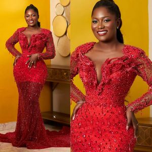 African Nigeria Plus Size Prom Dresses Evening Gowns for Black Women Luxury Long Sleeves Formal Dress Sequined Beaded Lace Rhinestone Gala Birthday Engagement Gown