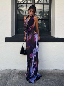 عجزات عاجزة Maxi Women Sexy Purple Print Halter Bodycon Summer Beach Outfits Elegant Slyveless Club Party Dress 2022