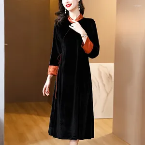 Casual Dresses 2024 Fashion Silk Velvet Dress Women's Autumn Versatile Stand Up Collar 3/4 Sleeve Loose Party Vestidos