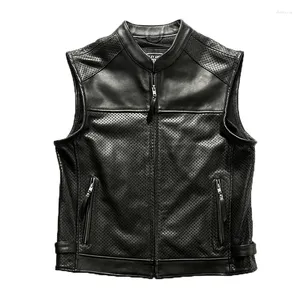 Gilet da uomo Maglia estiva Gilet in pelle bovina ispessita traspirante Cerniera traforata cava Canottiera in pelle da motociclista casual Cappotto classico