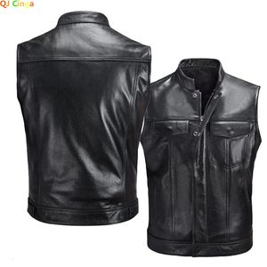 Colarinho preto sem mangas PU Colete Jaqueta Mens Single-breasted para cima e para baixo com bolsos Coletes de couro falso Casaco S M L XL XXL XXXL240304