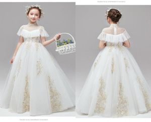 2021 Birinci Komünyon Elbiseleri Yüksek Boyun Ivory Tül Altın İşlemeli Boho Kısa Kollu Düğün için Çiçek Gilr Elbise 6322522