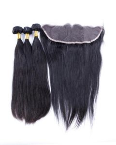 13x4 laço frontal com pacotes de cabelo onda do corpo brasileiro peruano indiano malaio virgem cabelo humano tece fechamento natural preto c7855745