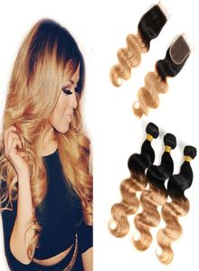 Colored Brazilian Body Wave Human Hair 3 Bundles with Lace Closure Two Tone 1B27 Ombre Honey Blonde Human Hair Weave With Closur8807338