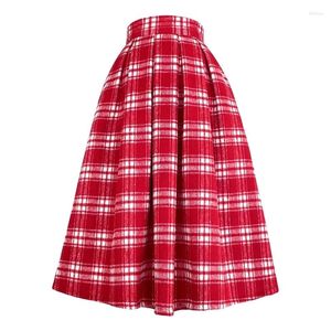 Röcke 2024 Winter Koreanische Frauen Vintage Elegante Rot Weiß Kreuz Hohe Taille Lange Plaid Rock Woolen Weihnachten Jahr Party Festival