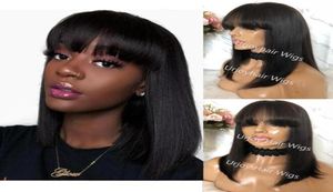 Celebrity Wigs Bob klippte spetsfront peruk med bang 10a europeiskt jungfruligt mänskligt hår naturlig färg för svart kvinna snabb expressleverans5615686