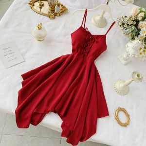 Kleider Fmfssom 2022 Frauen Sexy Spaghettiträger Kleider Sommer Weibliche V-ausschnitt Ärmelloses Kleid Mit Hoher Taille Dame Schärpe Binden Kleid